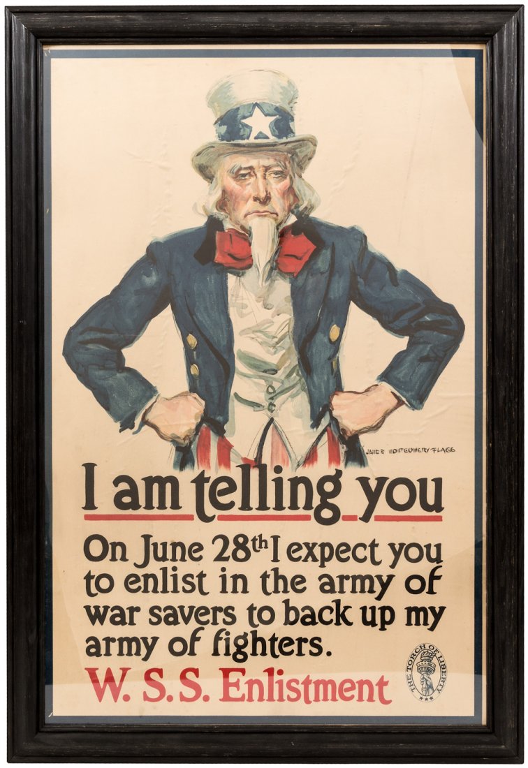 "I am telling you" Uncle Sam WWI poster by Flagg: Heading: (World War I Poster) Author: Flagg, James Montgomery Title: "I am telling you. On June 28th I expect you to enlist in the army of war savers to back up my army of fighters." - W.S.S. Enlistme