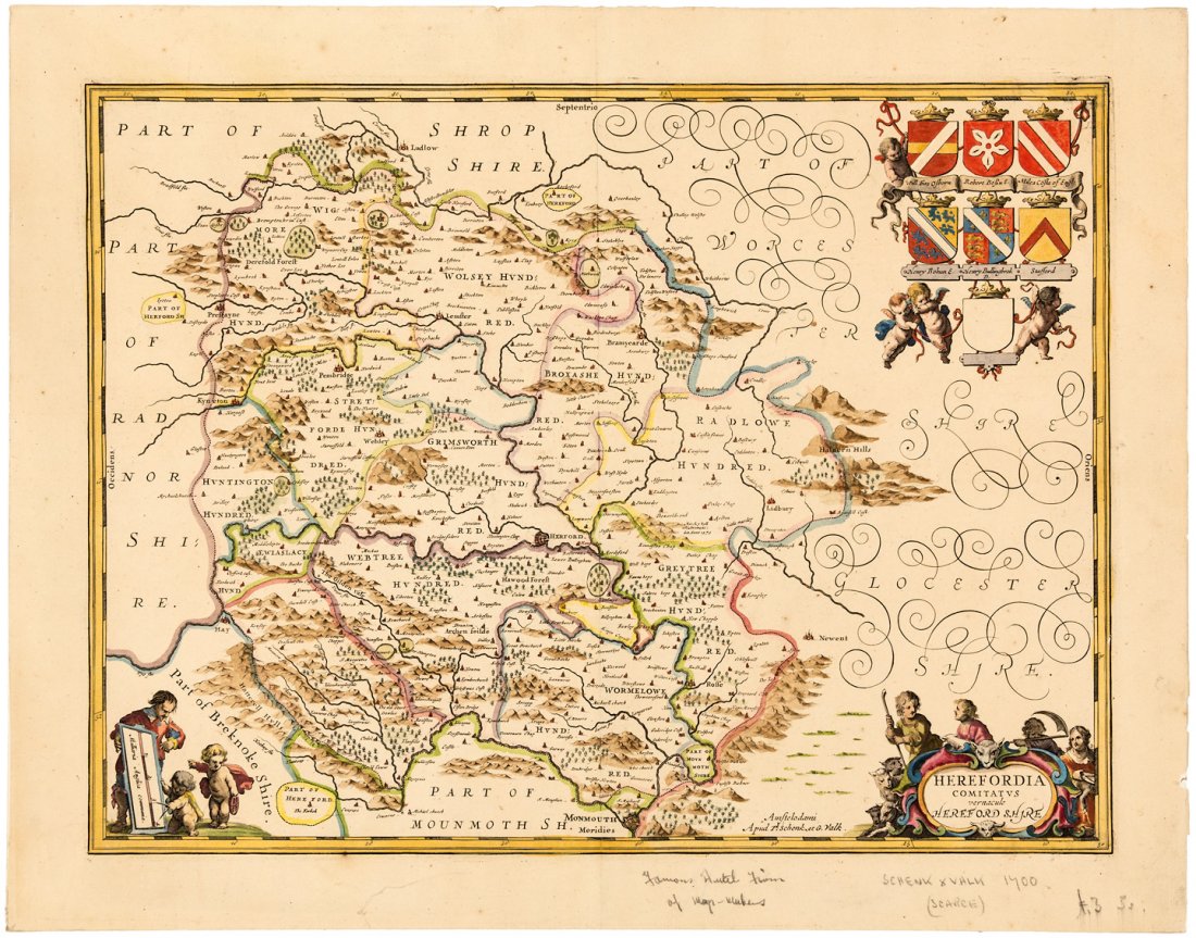Map of Herefordshire England 1700: Heading: (Great Britain) Author: Jansson, Jan Title: Herefordia Comitatus vernacule Hereford Shire Place Published: Amsterdam Publisher:Apud P. Schenk & G. Valk Date Published: c.1700 D