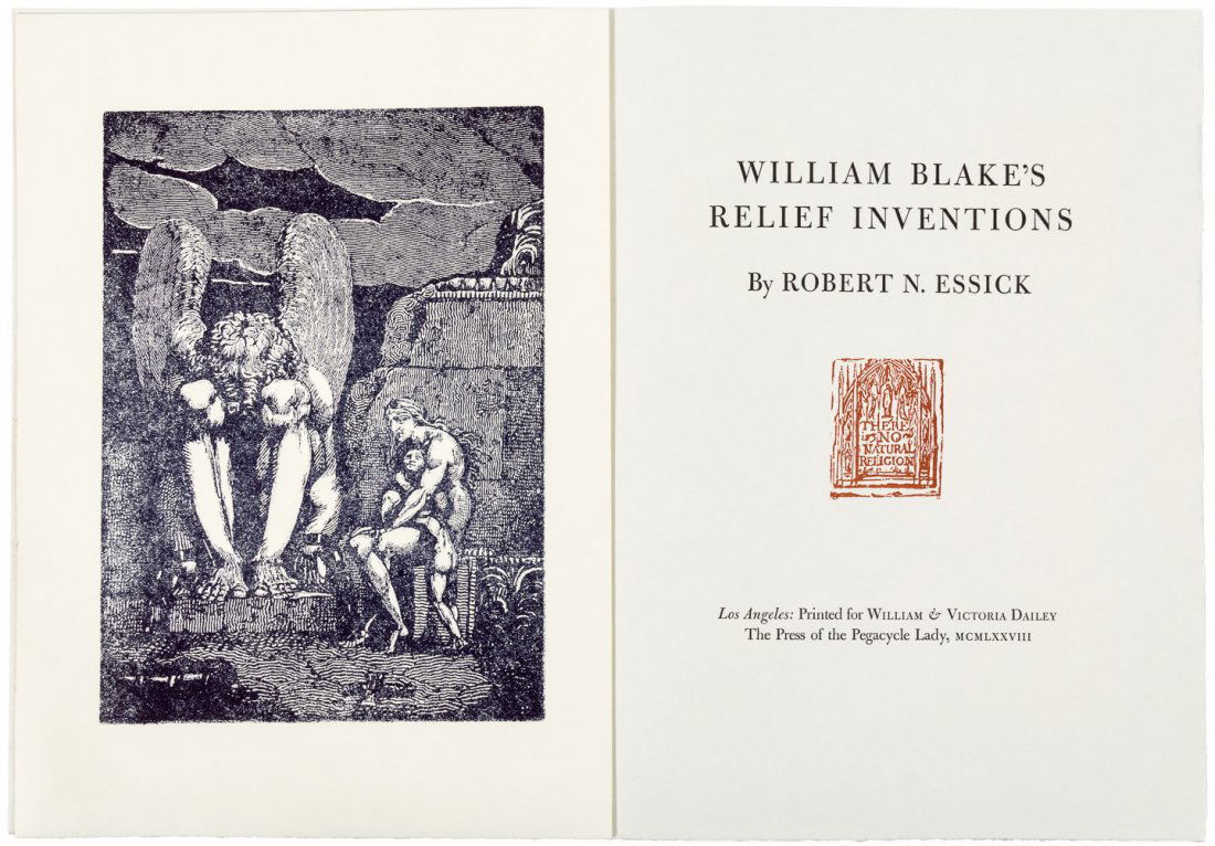 William Blake's Relief Inventions: Heading: (Blake, William) Author: Essick, Robert N. Title: William Blake's Relief Inventions Place Published: Los Angeles Publisher:The Press of the Pegacycle Lady Date Published: 1978