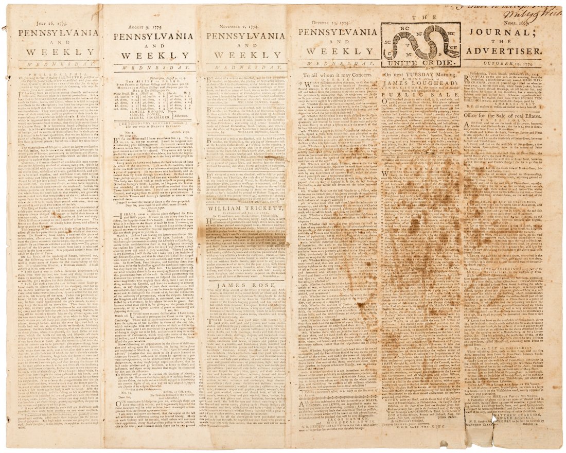 Anti-British colonial newspaper: Heading: (Pennsylvania Journal...) Author: Title: Pennsylvania Journa; and the Weekly Advertiser Place Published: Philadelphia Publisher:William & Thomas Bradford Date Published: 1774 & 1775
