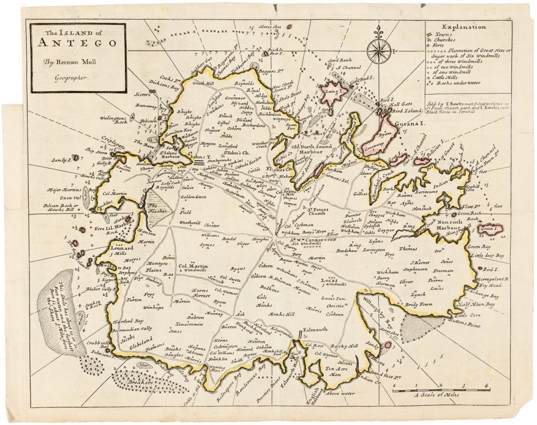 Map of Antigua 1729: Heading: (Caribbean) Author: Moll, Herman Title: The Island of Antego Place Published: London Publisher: Date Published: 1729 Description: Copper-engraved map, hand-colored