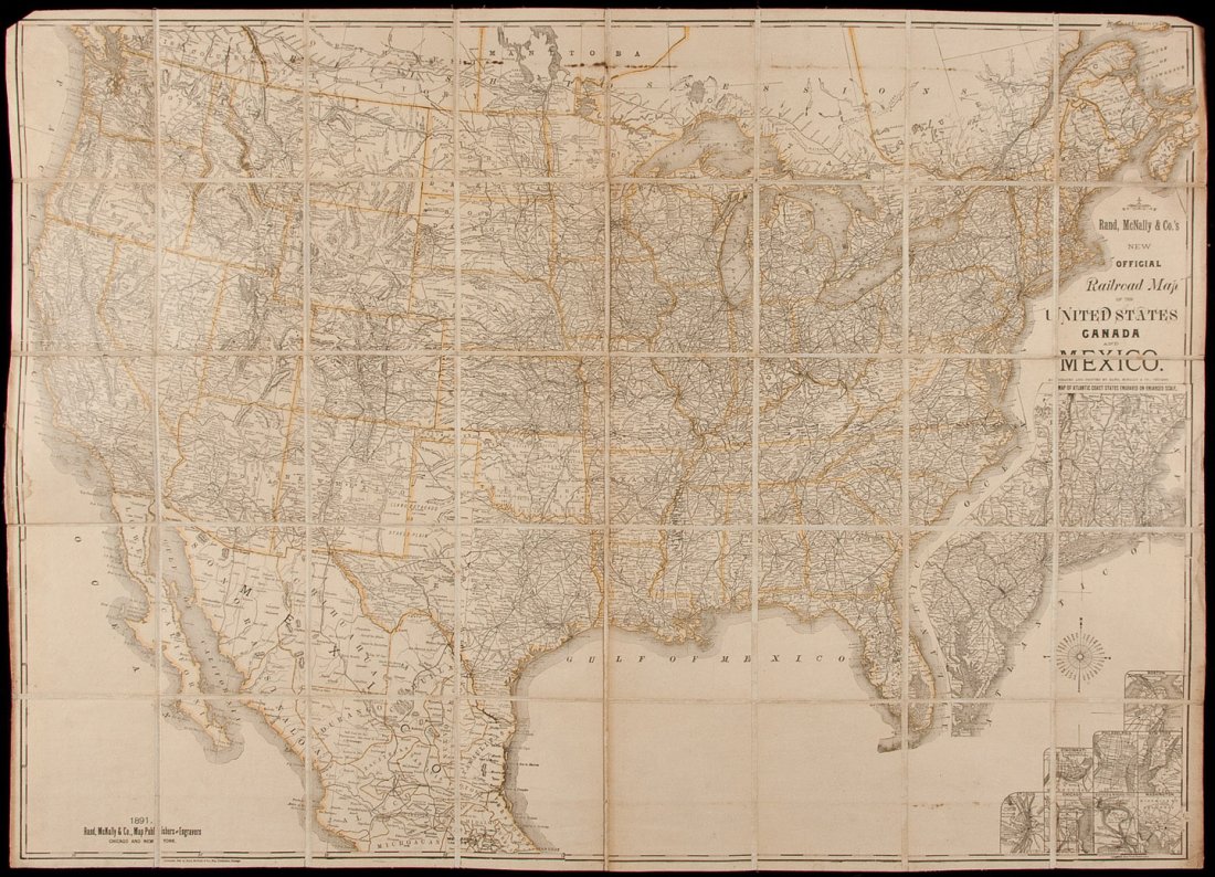 Large folding railroad map of North America 1891: Heading: (North America) Author: Rand, McNally & Co. Title: Rand, McNally & Co.'s New Official Railroad Map of the United States Canada & Mexico Place Published: Chicago Publisher: Date Published