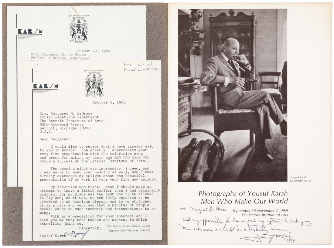 Program signed by Yousuf Karsh w/letters: Heading: Author: Karsh, Yousuf Title: Catalogue for an exibit of photographs by Yousuf Karsh inscribed & signed by him, plus a a typed letter signed by him and one signed by his wife Place Published: 