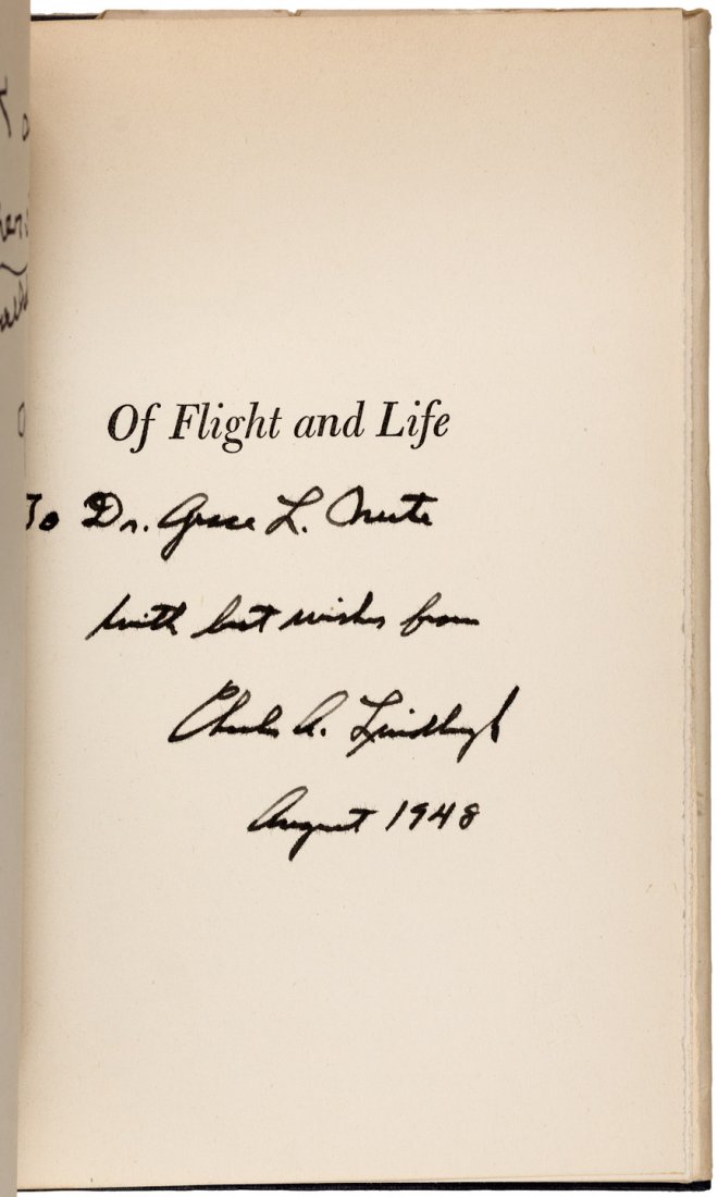 Inscribed by Charles Lindbergh: Heading: Author: Lindbergh, Charles A. Title: Of Flight and Life Place Published: New York Publisher:Charles Scribner's Sons Date Published: 1948 Description: Cloth, jacket