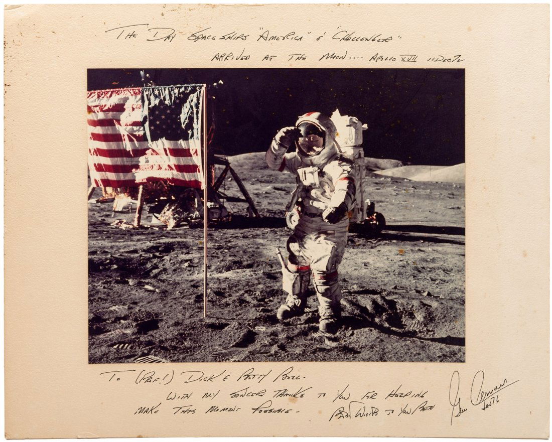 Large color photograph of Eugene Cernan, inscribed -: Heading: (Space and Aviation) Author: Cernan, Capt. Eugene A. Title: Inscribed Photograph of Eugene Cernand - American Astronaut, and the Last Man To Walk On The Moon Place Published: Publisher: