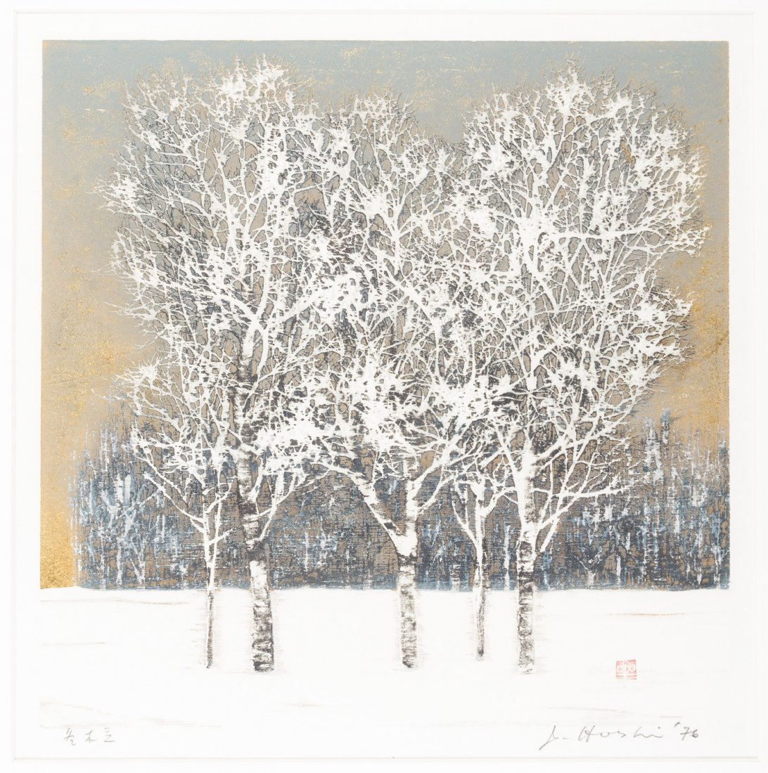 Clump of Trees in Winter - orig etching by Joichi Hoshi: Heading: Author: Hoshi, Joichi Title: Clump of Trees in Winter Place Published: Publisher: Date Published: 1976 Description: Original etching, matted and framed. Image siz