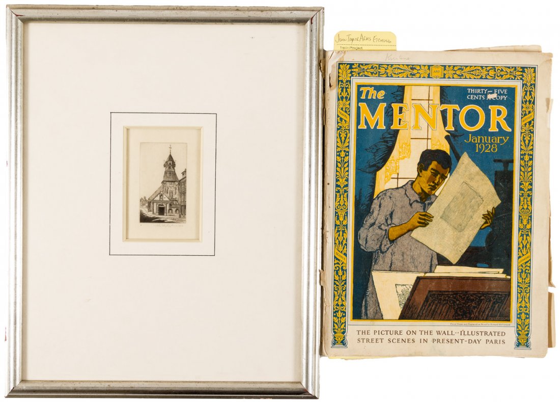 Etching of church by John Taylor Arms, signed 1940: Heading: Author: Arms, John Taylor Title: Church of Saint Jean, Laigle, Orne - original etching, signed by John Taylor Arms Place Published: Publisher: Date Published: 1940 Descriptio