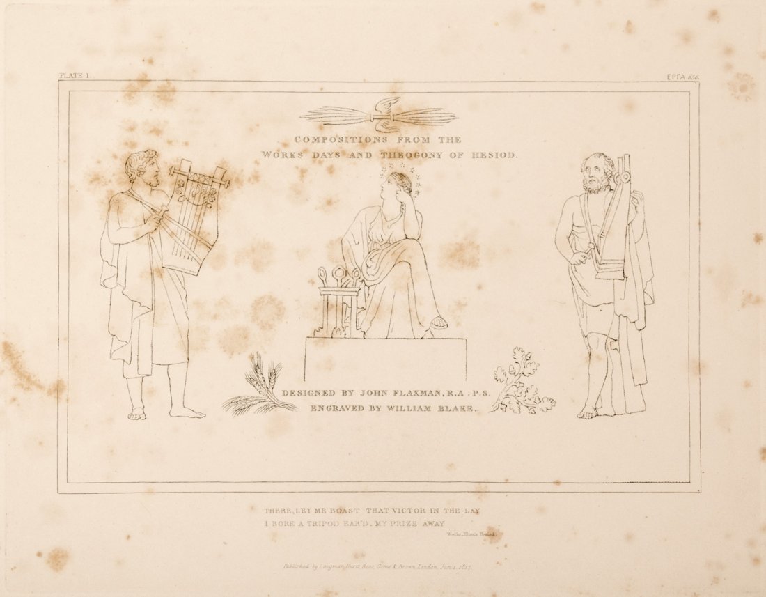 3 volumes of engraved plates by John Flaxman: Heading: (Blake, William) Author: Flaxman, John Title: The Theogony Works & Days & The Days of Hesiod Engraved from the Compositions of John Flaxman R.A. Sculptor, London. Engraved by William Blake. P