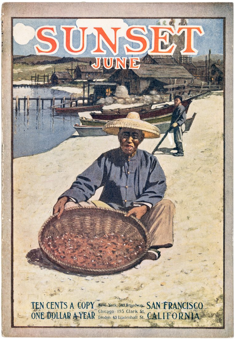 1905 Chinese fisherman at Monterey, fine art as front: Heading: (1905 Chinese fisherman at Monterey, fine art as front cover of Sunset Magazine) Author: Baumgartner, J.J. Title: “Chinese shrimp picker near old Monterey, California” - color drawing on 