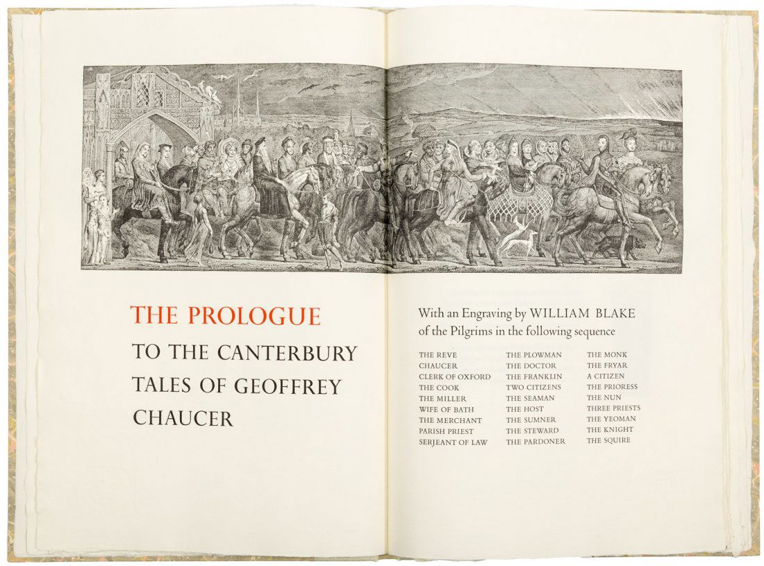 Prologue to Chaucer's Canterbury Tales Plantin Press: Heading: (Plantin Press) Author: Chaucer, Geoffrey Title: The Prologue to the Canterbury Tales of Geoffrey Chaucer. With an engraving by William Blake of the Pilgrims Place Published: [Los Angeles] Pu