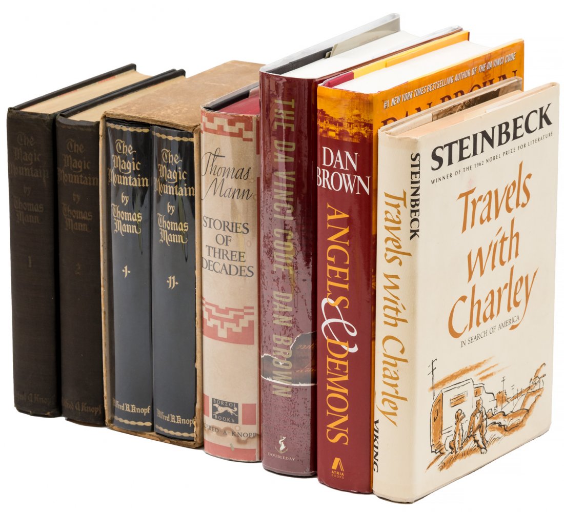 Modern Literature: Heading: (Modern Literature) Author: Title: Shelf of modern literature, including John Steinbeck dan Brown and Thomas Mann Place Published: Publisher: Date Published: Various dates De