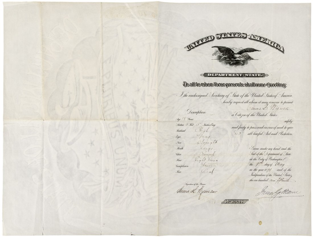 Passport Signed by James G. Blaine 1891: Heading: Author: Blaine, James G. Title: Passport signed by James G. Blaine as Secretary of State, granting passage and "all lawful Aid and Protection" to one Emma L. Wyman Place Published: Washingto