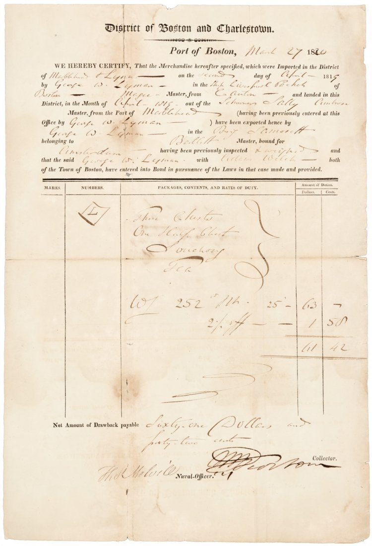 China Trade, Melville 1820 Boston China Trade document,: Heading: (China Trade, Melville 1820 Boston China Trade document, signed by Herman Melville’s grandfather) Author: Melvill, Thomas and Henry A.S. Dearborn Title: 1820 Boston China Trade document, si