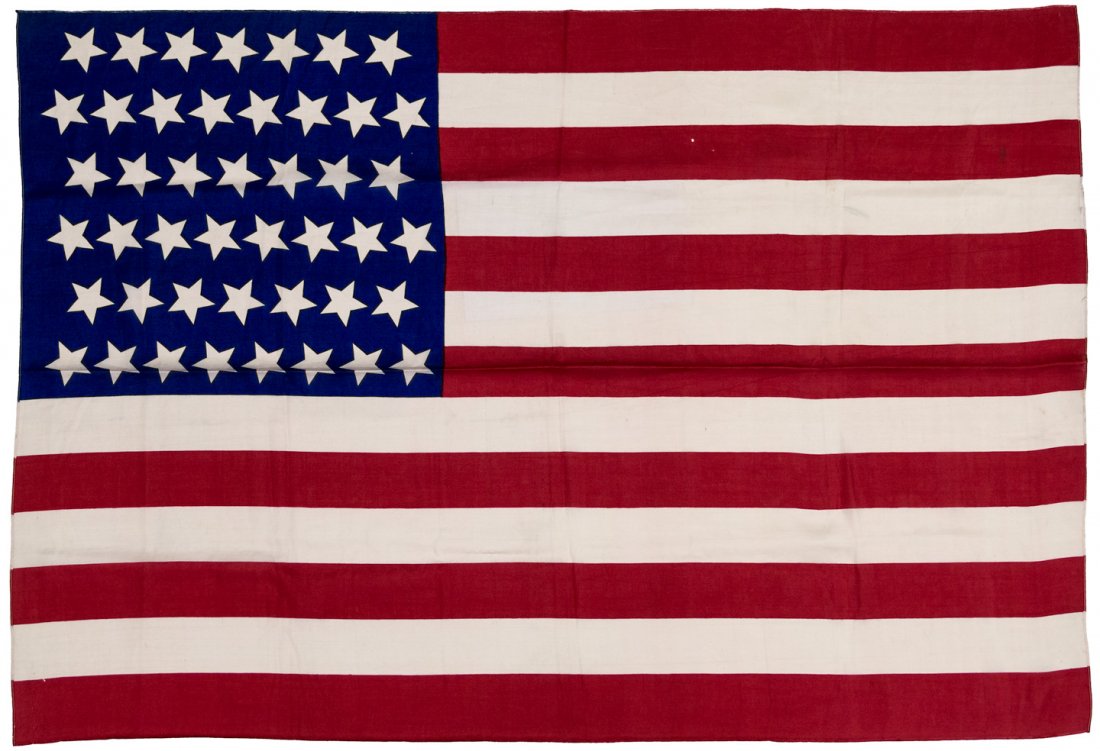 45 star US Flag: Heading: (Flags) Author: Title: Forty-five Star U.S. Flag Place Published: Publisher: Date Published: c.1896-1908 Description: 45 star silk flag measuring 32x47”. Th