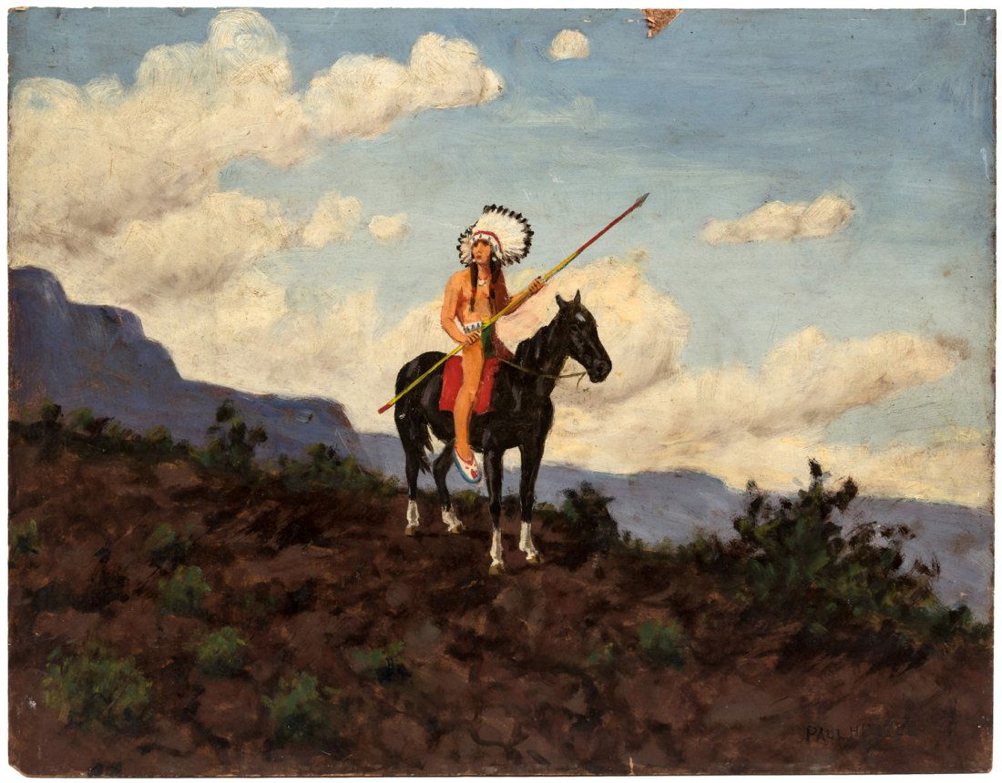 Original oil painting by Paul Herzel: Heading: Author: Herzel, Paul Title: Original oil painting of a Native American on horseback Place Published: Publisher: Date Published: No date Description: Original oil