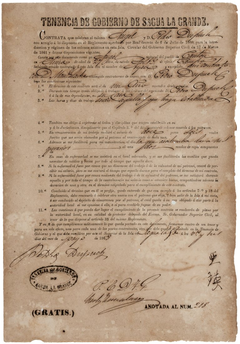 Group of six Cuban contracts for Chinese slaves: Heading: (Cuba - Chinese slavery documents) Author: Title: Six contracts for Chinese slaves in Cuba Place Published: Cuba Publisher: Date Published: 1860s-1870s Description: