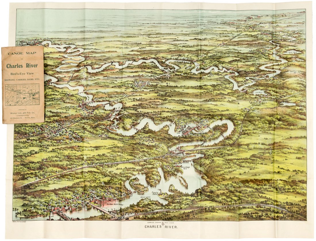 Canoing the Charles River, Mass.: Heading: (Massachusetts) Author: Title: Canoe Map of the Charles River Bird's-Eye View Showing Carries, Dams, Etc. (wrapper title) Place Published: Boston Publisher:Walker Lith. & Pub. Co. Date
