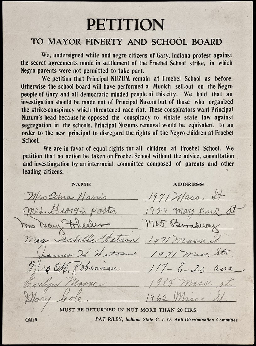 Petition to Mayor Finerty and School Board 1945: Heading: (African American - 1945 Indiana fight over School Integration) Author: Title: Petition to Mayor Finerty and School Board - 1945 Gary, Indiana Fights Over School Integration Place Published: 