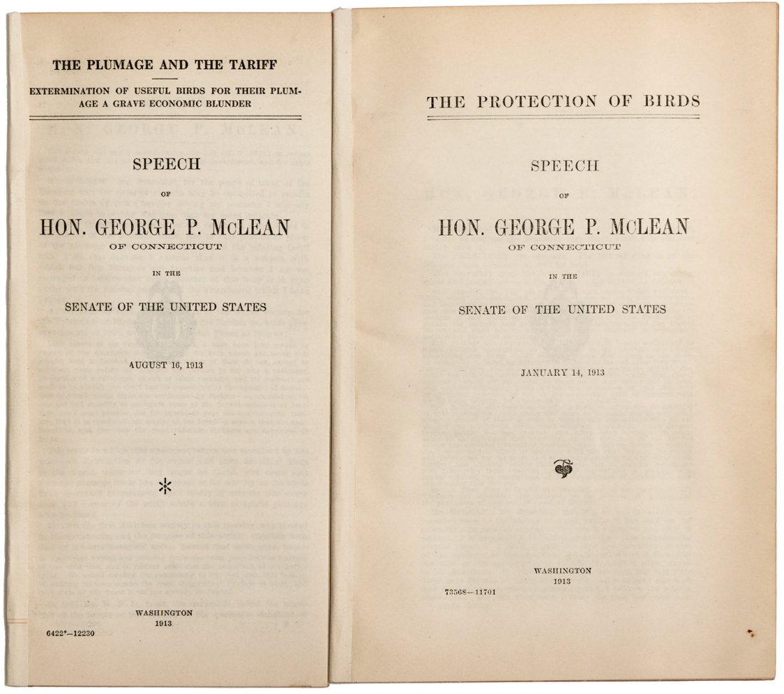 1913 US Senator argues for Protection of Birds: Heading: (Animal Rights - 1913 US Senator argues for Protection of Birds) Author: McLean, US Senator George P Title: US Senator argues for Protection of Birds in congressional speeches Place Published