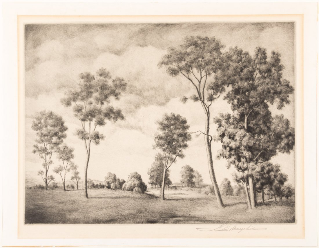 S.L. Margolies original signed etching titled: Heading: Author: Margolies, S[amuel] L. Title: Gathering Storm - original signed etching by S.L. Margolies Place Published: Publisher: Date Published: c.1940s-50s Description: