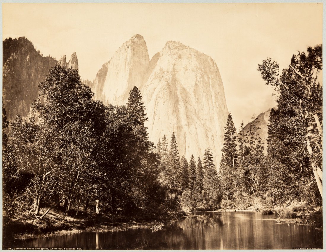 Watkins mammoth plate photo of Cathedral Rocks: Heading: Author: Watkins, Carleton E. Title: Cathedral Rocks and Spires, 2678 Feet, Yosemite, Cal. Place Published: San Francisco Publisher:Taber Photo Date Published: c.1878 Descripti