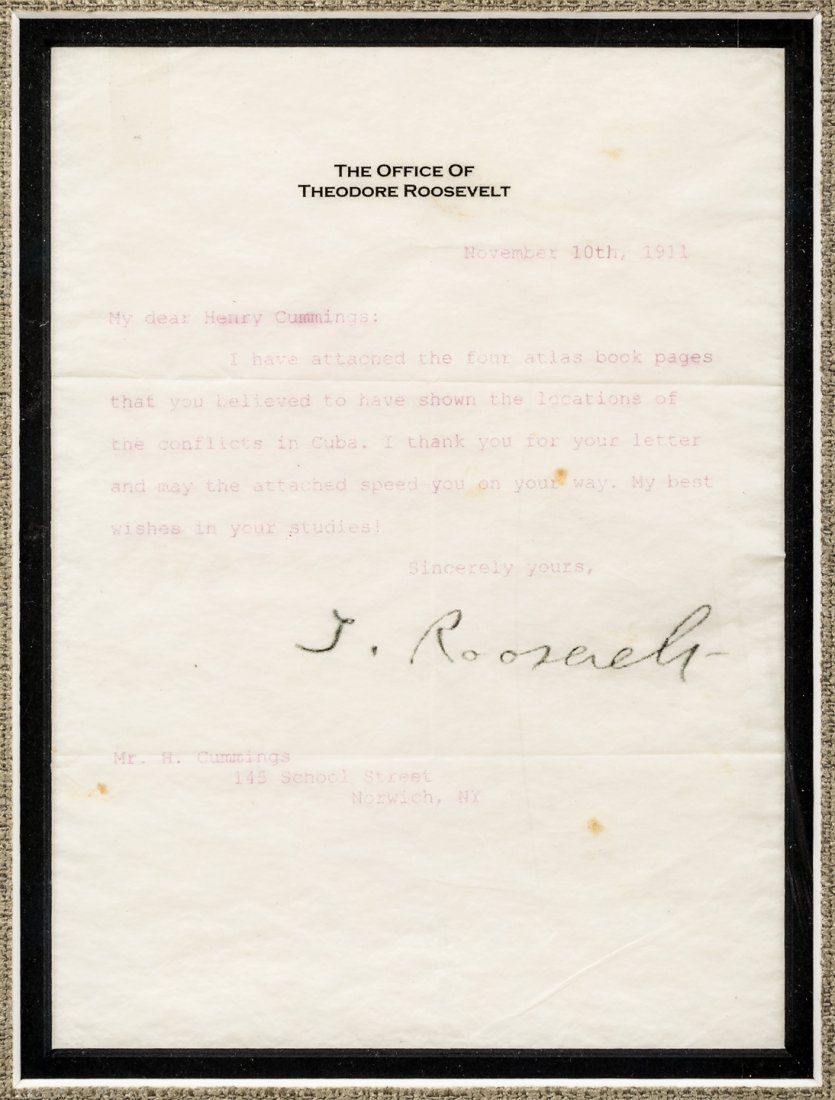 Theodore Roosevelt Typed Letter signed: Heading: Author: Roosevelt, Theodore Title: Typed Letter, signed regarding conflicts in Cuba Place Published: Publisher: Date Published: 4332 Description: Typed Letter, si
