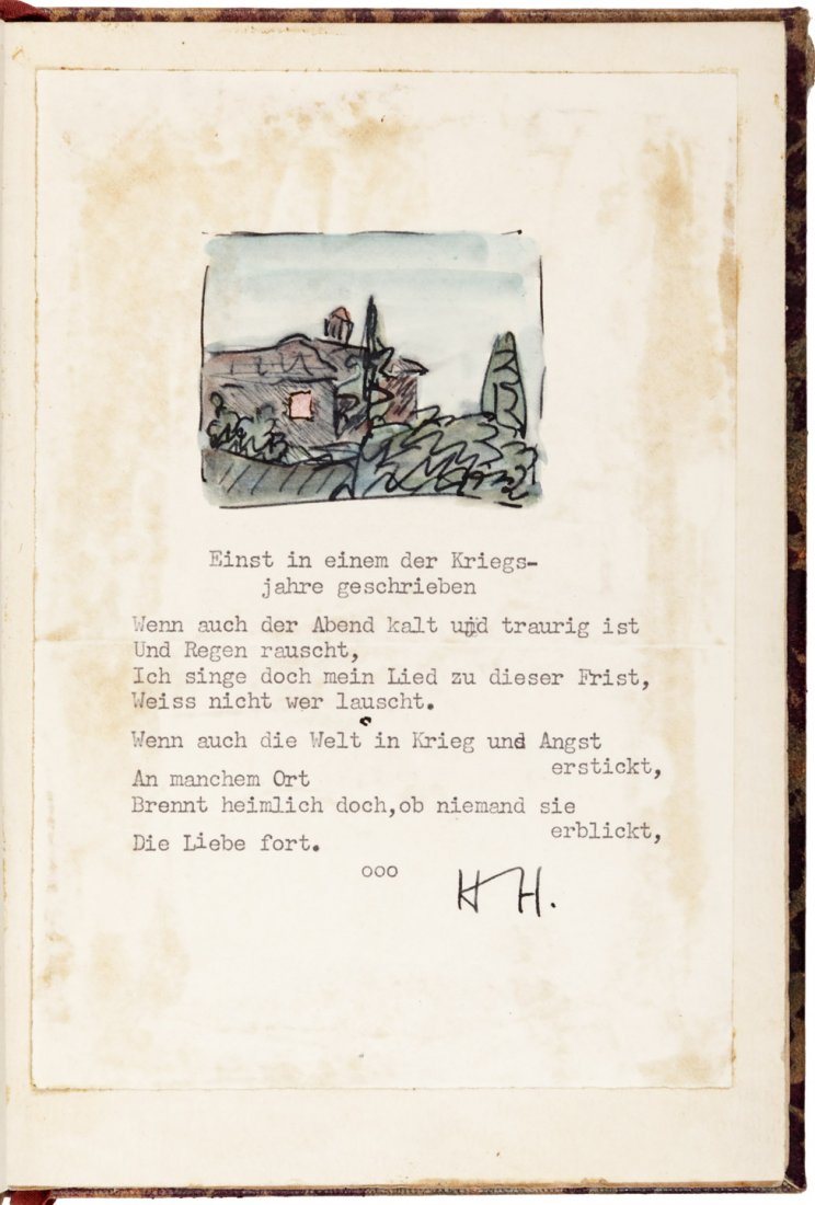 Poems by Hermann Hesse with an original sketch: Heading: Author: Hesse, Hermann Title: Unterwegs [On the Road] - with a typed poem and original watercolor sketch by Hesse Place Published: Munich Publisher:Georg Muller Date Published: 1915