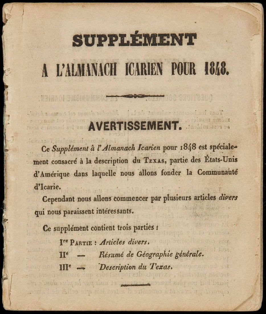 Supplément à l'Almanach Icarien pour 1848: Heading: (Texas) Author: [Cabet, Etienne] Title: Supplément à l'Almanach Icarien pour 1848. Avertissement. Ce Supplément à l'Almanach Icarien pour 1848 est spécialement consacré à la descriptio