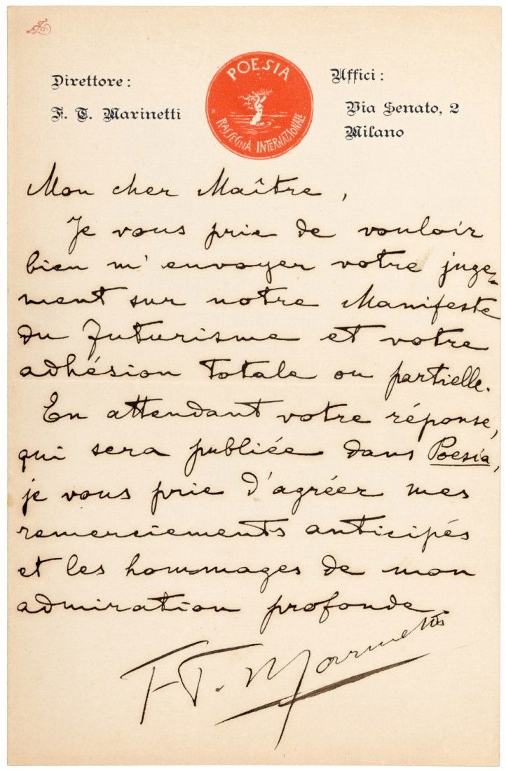 Filippo Tommaso Marinetti, the founder of the Futurist: Heading: Author: Marinetti, Filippo Tommaso Title: Three items relating to Filippo Tommaso Marinetti, the founder of the Futurist movement Place Published: Publisher: Date Published: 1909