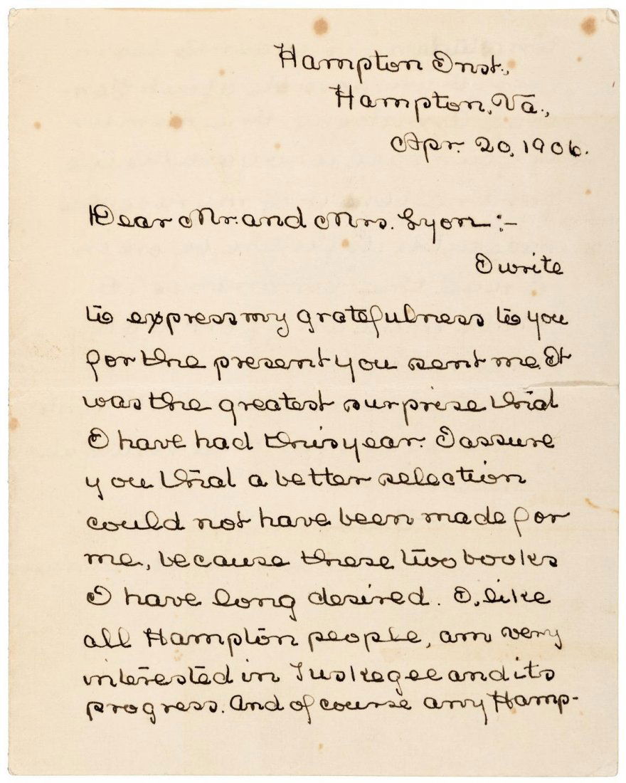 2 pp. letter from Robert Lee Brokenburr: Heading: (1906 Madame C.J.Walker's confidante as Hampton Institute student) Author: Brokenburr, Robert L[ee] Title: Letter by Hampton Institute student who became Madame C.J. Walker's legal confidante