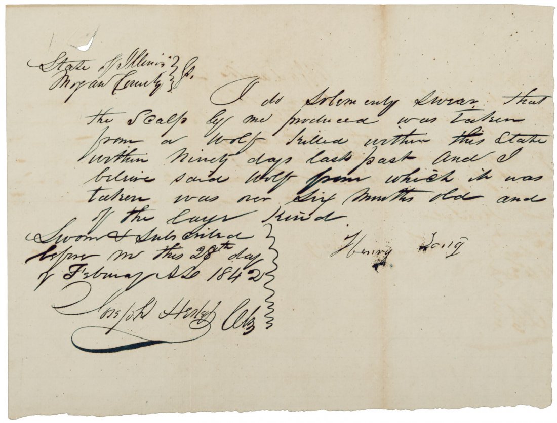 1842 Illinois wolf scalp document: Heading: (Sport – Hunting – Illinois Wolf scalp bounty, 1842) Author: Title: 1842 Illinois wolf scalp document Place Published: Publisher: Date Published: 1842 Description:
