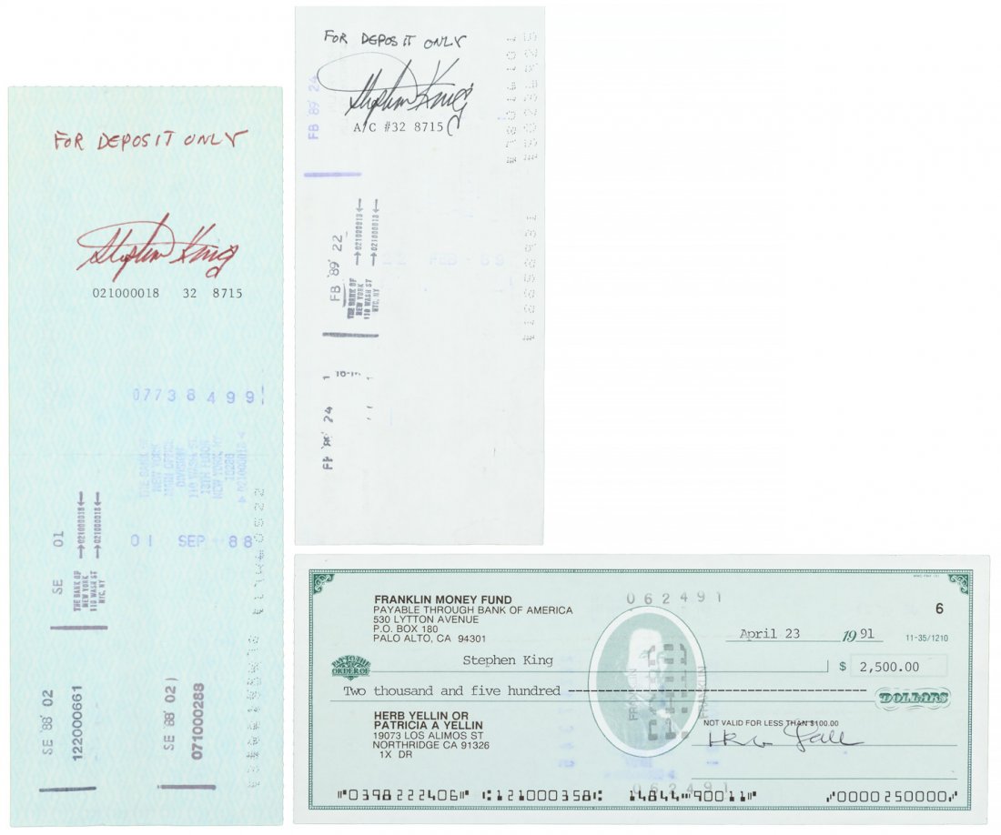 Collection of checks to Lord John Press authors: Heading: (Lord John Press) Author: Title: Collection of checks to Lord John Press authors, with signed endorsements, including Stephen King, William Nolan, Gunter Grass, , etc. Place Published: North