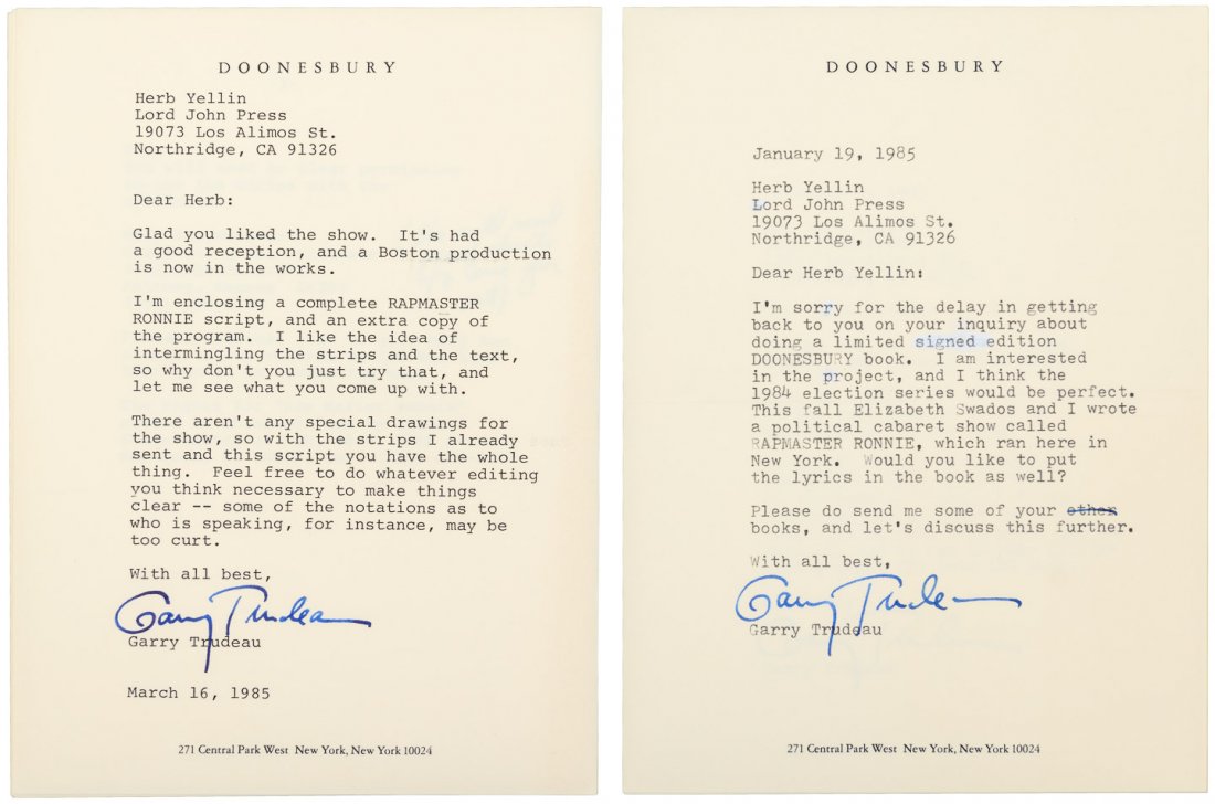 Correspondence between Garry Trudeau and Herb Yellin: Heading: Author: Trudeau, Garry Title: Correspondence file between Garry Trudeau and Lord John Press proprietor, Herb Yellin Place Published: Various places Publisher: Date Published: 1980s<