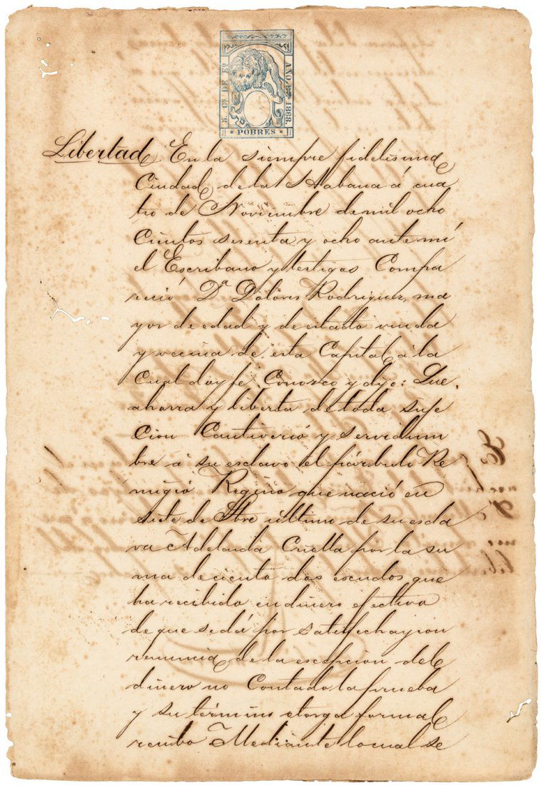 Manumission papers for a black slave child in Cuba (1 of 2)