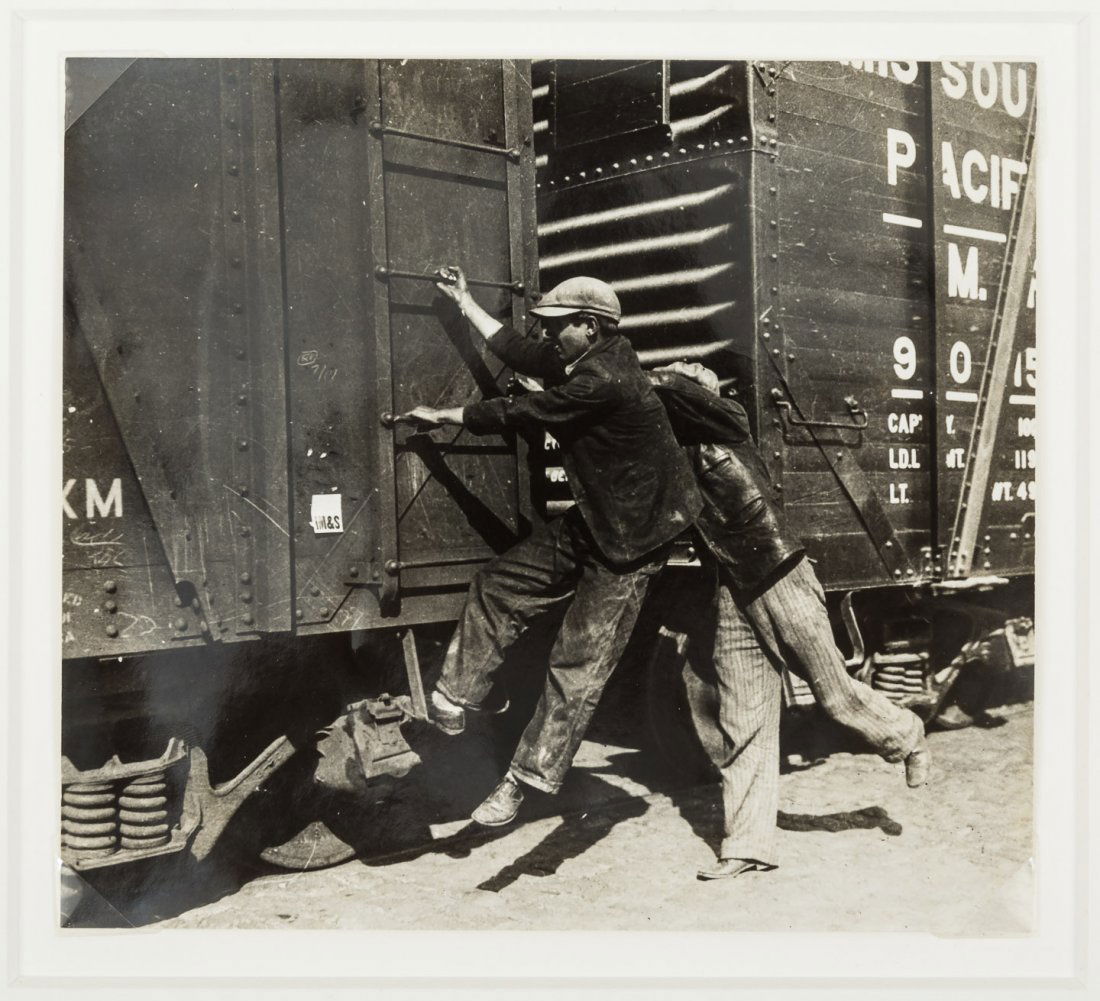 Vintage Walker Evans print from Depression: Heading: Author: Evans, Walker Title: [Young men hopping a train for a ride] Place Published: Publisher: Date Published: [1936] Description: Vintage gelatin silver print.