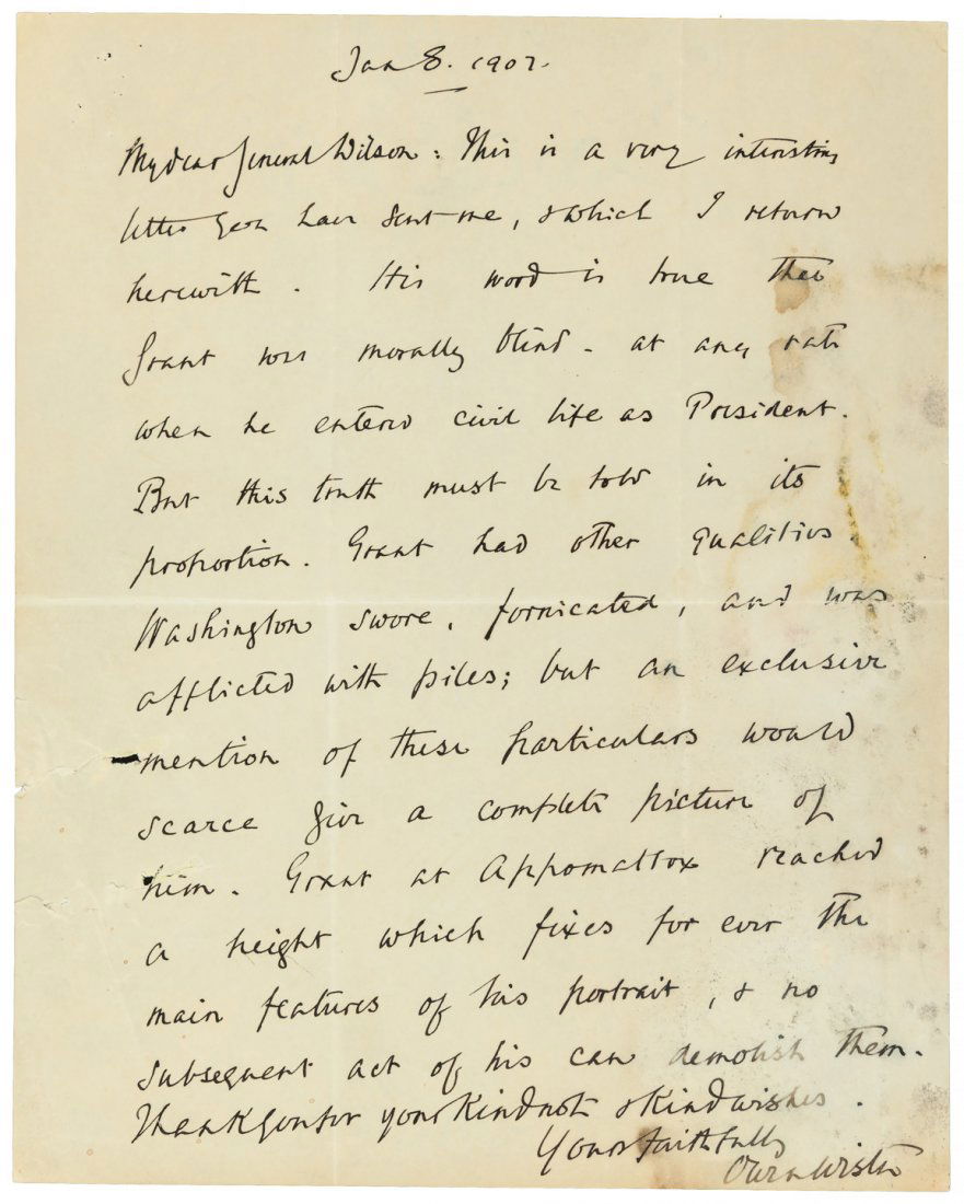 Owen Wister on Grant & Washington: Heading: (Wilson, General James Harrison – archive) Author: Wister, Owen Title: Letter from Owen Wister to James H. Wilson discussing Ulysses S. Grant and comparing him briefly to George Washington