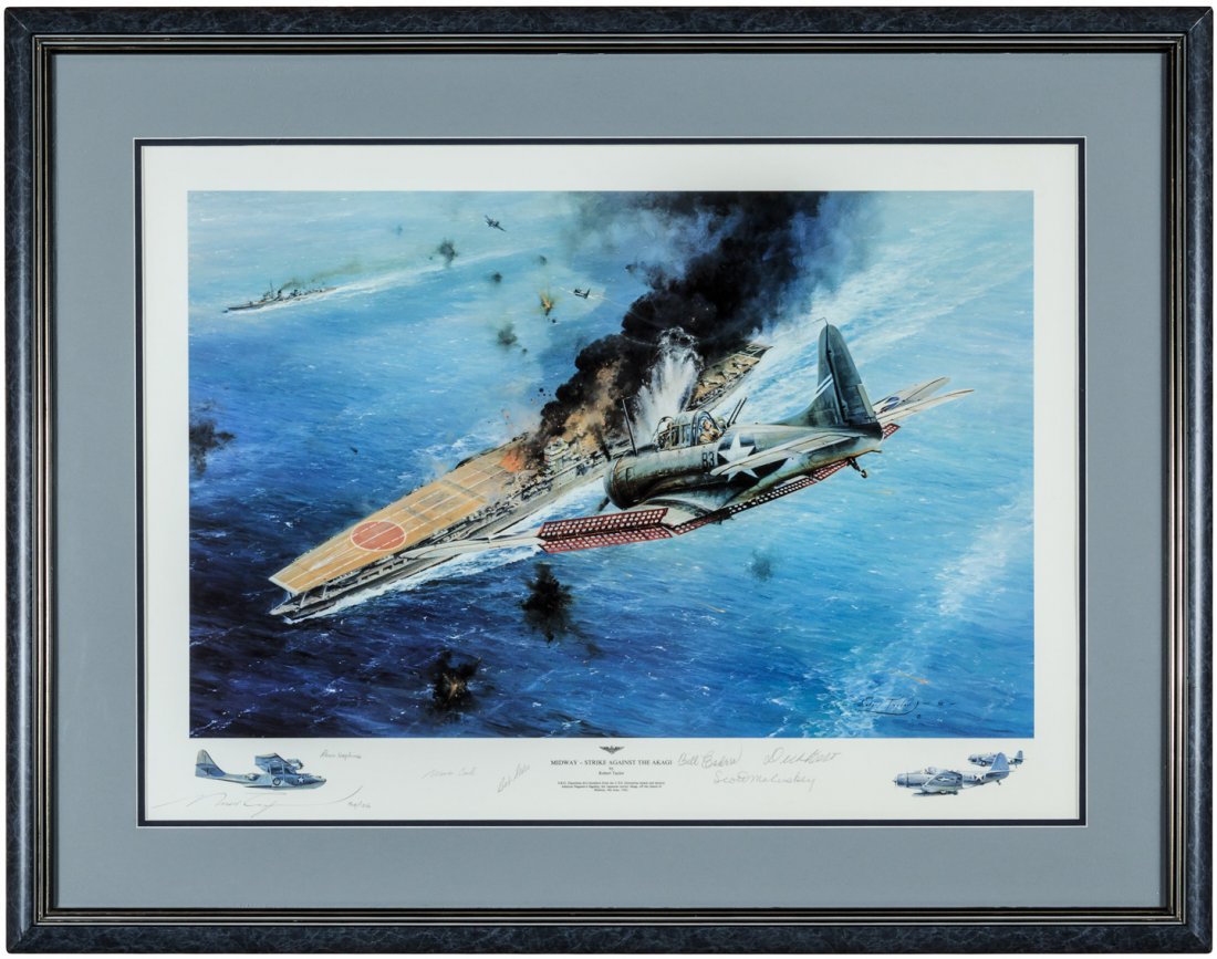 Midway - Strike Against the Akagi: Heading: Author: Taylor, Robert Title: Midway - Strike Against the Akagi Place Published: No place Publisher: Date Published: 1992 Description: Color lithograph print, fram