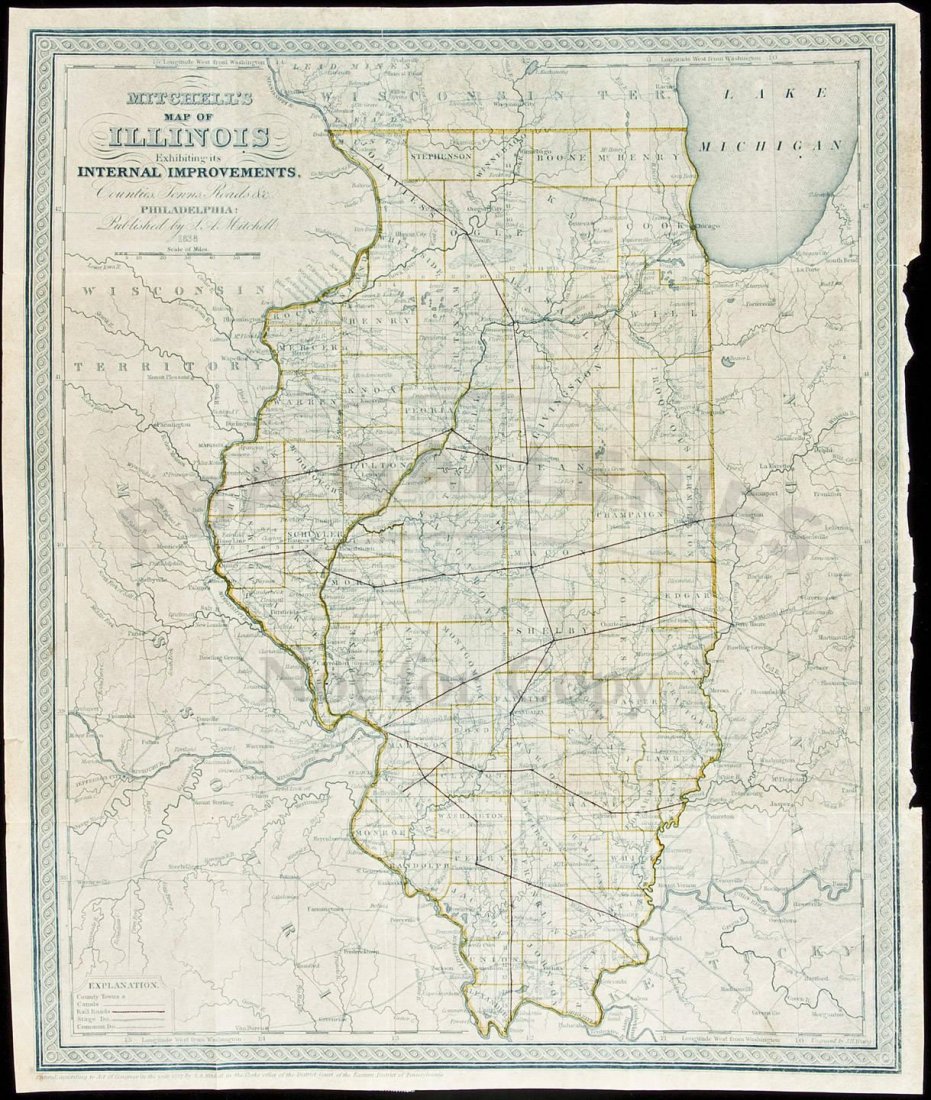 Mitchell's Map of Illinois 1838: Heading: Author: Mitchell, Samuel Augustus Title: Mitchell's Map of Illinois Exhibiting its Internal Improvements, Counties, Towns, Roads, &c. Place Published: Philadelphia Publisher: Date Publi