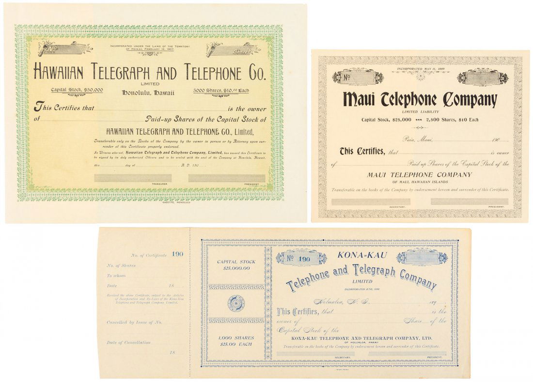 Three early Hawaiian Telephone Company stock (1 of 1)