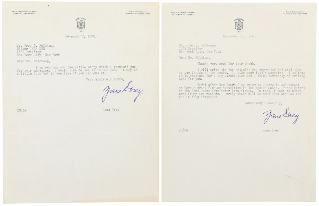 Four letters from Zane Grey to For Men magazine 1938 (1 of 2)