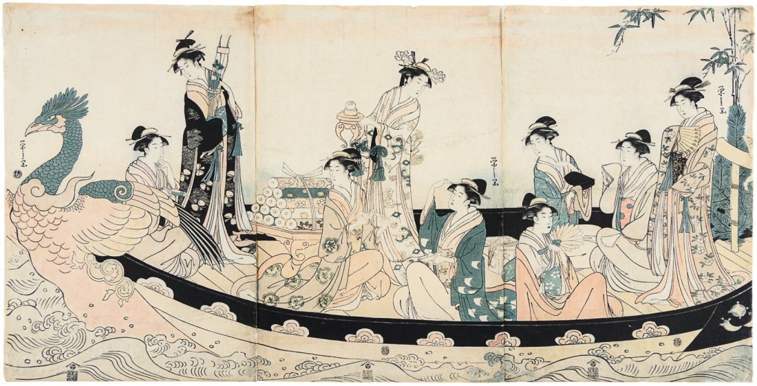 Japanese oban tryptich by Hosada Eishi: Heading: (Asian Art) Author: Hosoda Eishi Title: "Réunion de sept jeunes femmes symbolisant les sept dieux du bonheur" Place Published: Japan Publisher:Nichimuraya Yohachi Date Published: 179