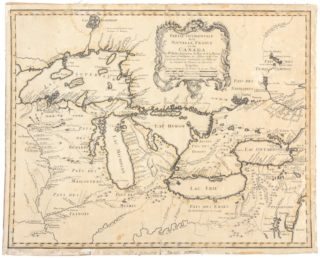 Influential map of Great Lakes region 1755: Heading: Author: Bellin, Jacques Nicolas Title: Partie Occidentale de la Nouvelle France ou du Canada Place Published: Nuremberg Publisher:Homann Heirs Date Published: 1755 Description