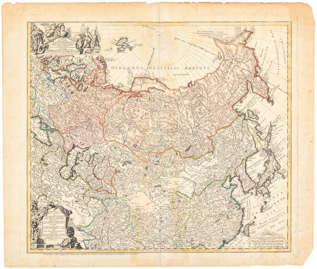 Homann map of Russian Empire 1739: Heading: Author: Homann Heirs Title: Imperii Russici et Tartariae Universae, tam majoris et Asiaticae, quam minoris et Europaeae Tabula...opera Ioh. Matthiae Hasii Place Published: Nuremburg Publisher