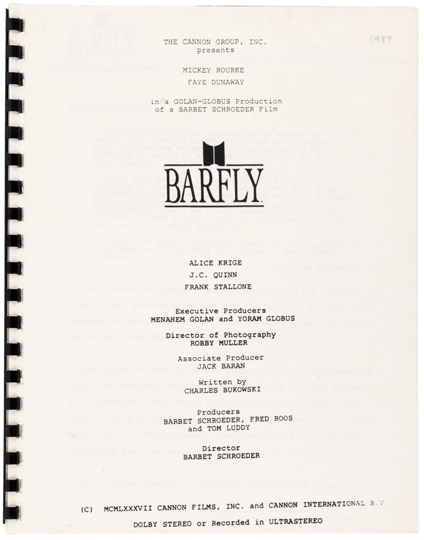 Promotional production notes for the movie Barfly (1 of 1)