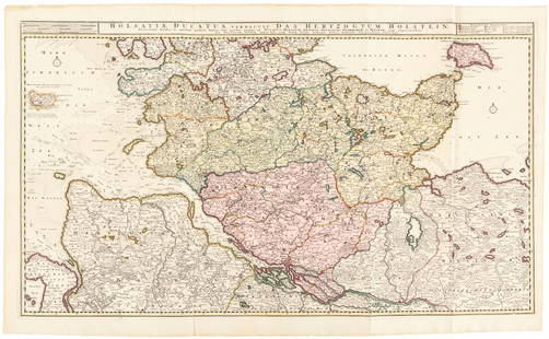 Large map of Holstein, Germany 1720: Heading: Author: Visscher, Nicolas Title: Holsatiae Ducatus Vernadule das Hertzogtum Holetein... Place Published: Amsterdam Publisher:Pieter Schenk, Jr. Date Published: c.1720 Descript