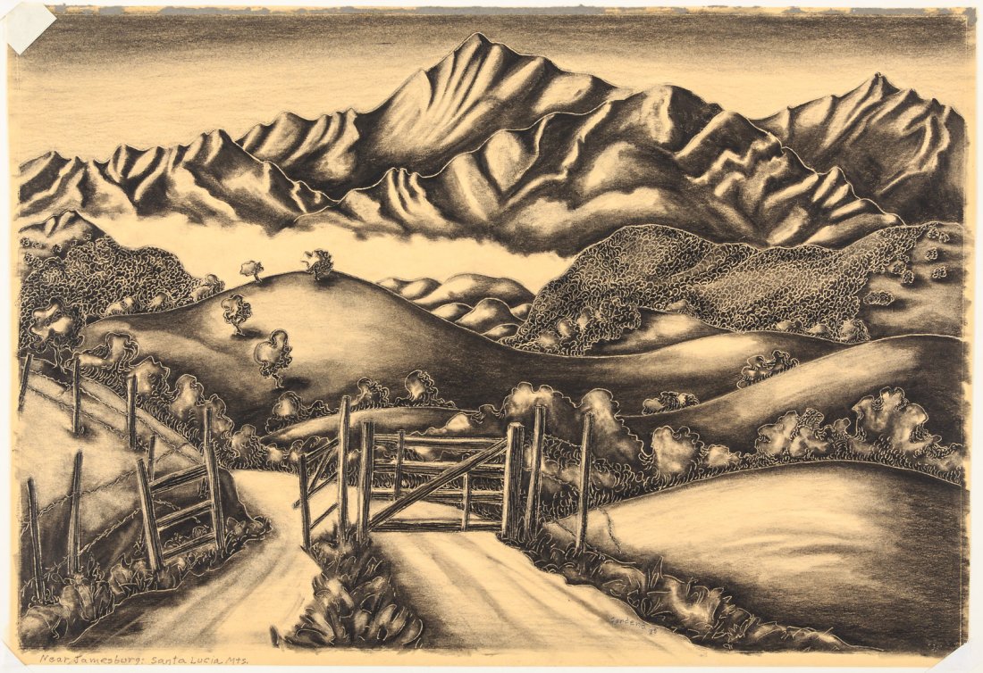 Charcoal drawing of Santa Lucia Mtns. Cal.: Heading: Author: Jackson, Gardena Title: Near Jamesburg: Santa Lucia Mountains Place Published: Publisher: Date Published: 1938 Description: Charcoal drawing with incised