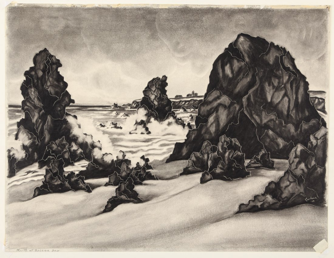 Charcoal drawing of Bodega Bay Cal.: Heading: Author: Jackson, Gardena Title: North of Bodega Bay Place Published: Publisher: Date Published: 1939 Description: Charcoal drawing with incised outlining. 36x47 c