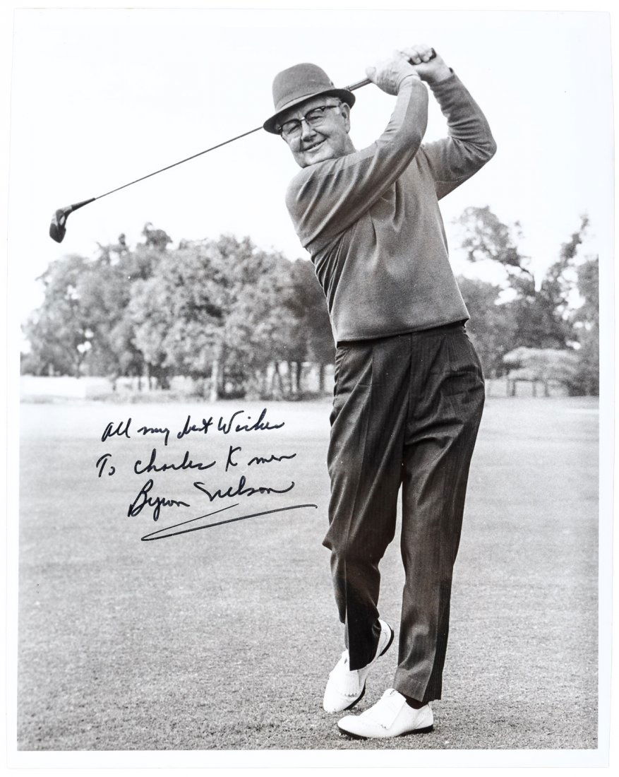 Signed photograph of Byron Nelson: Heading: Author: Nelson, Byron Title: Photograph of Byron Nelson, signed Place Published: Publisher: Date Published: No date Description: Black & white photograph, 8x10".<