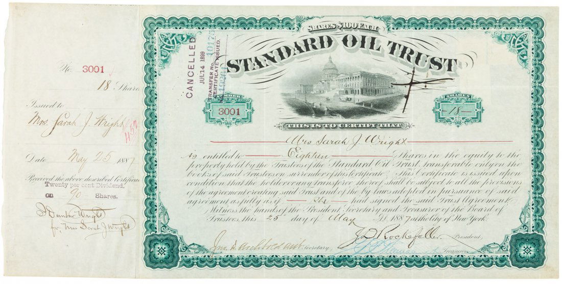 Stock certificate signed by John D. Rockefeller (1 of 2)