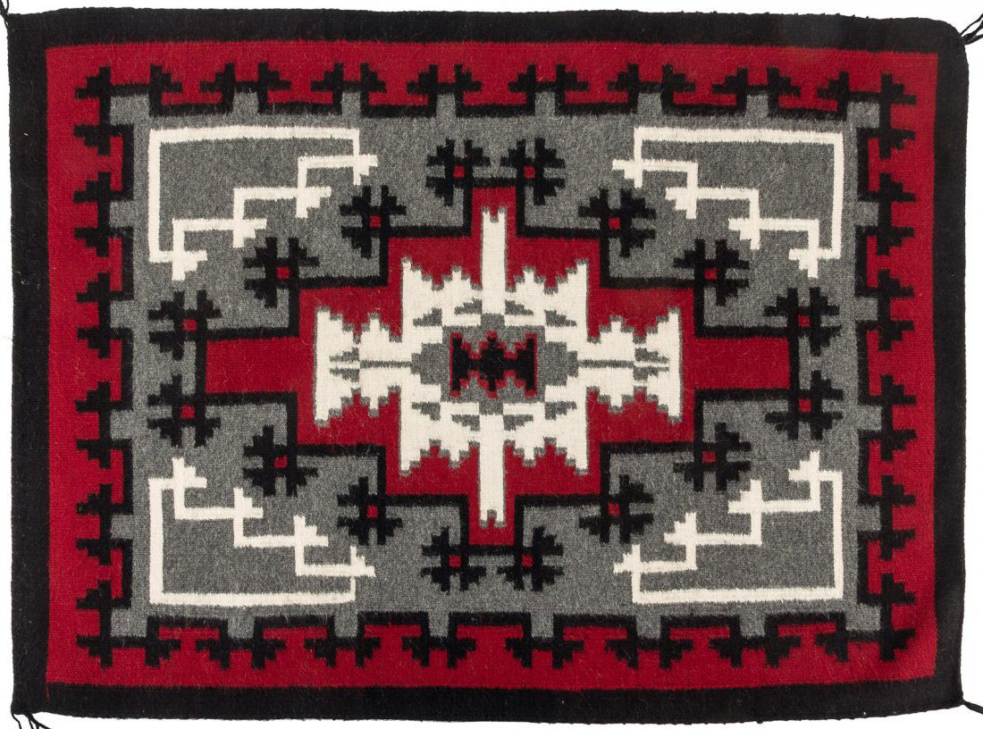 Navajo Ganando Rug: Heading: (Navajo) Author: Title: Ganado style rug Place Published: Dennebito, AZ Publisher: Date Published: No date (modern) Description: Woven rug in red, black, gray, and